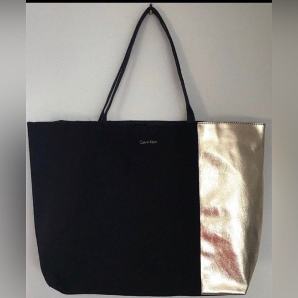 Nwot Calvin Klein Black & Gold Lined Canvas Tote